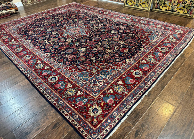 Navy Blue Persian Rug 9x12, Antique Persian Carpet, Kork Wool, 200 KPSI, Persian Kashan Rug by Jewel Rugs