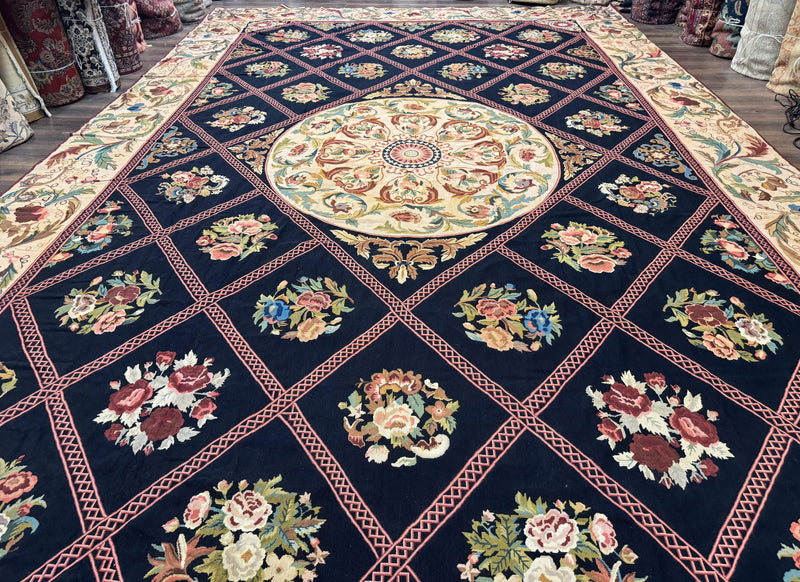 Palace Size Needlepoint Rug 12x20, European French English Aubusson Floral Design, Black and Beige by Jewel Rugs