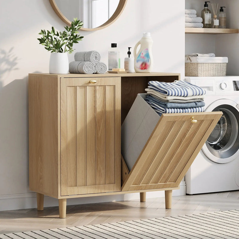 Sloping Laundry Basket With Removable Inner Bin, Concealed Storage Cabinet For Bathroom - Oak by Unique Piece Furniture