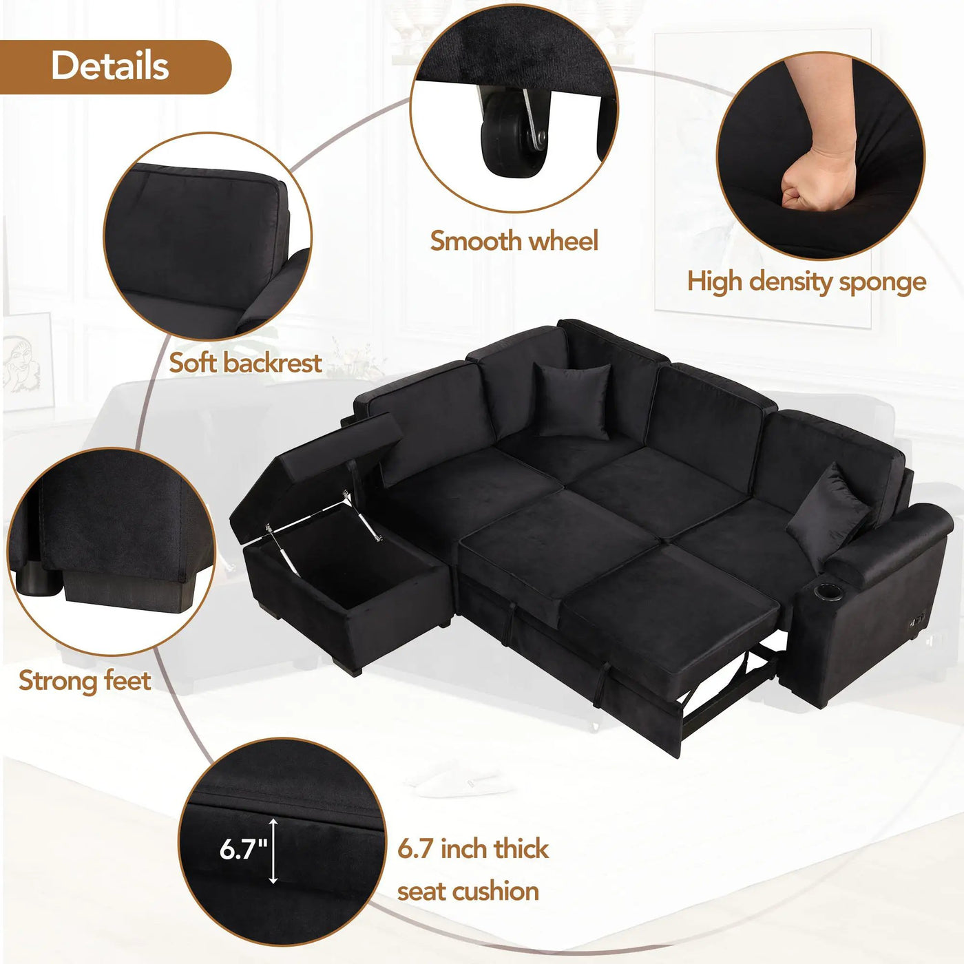 Sleeper Sofa Bed, 2 In 1 Pull Out Sofa Bed L Shape Couch With Storage Ottoman For Living Room, Bedroom Couch And Small Apartment by Unique Piece Furniture