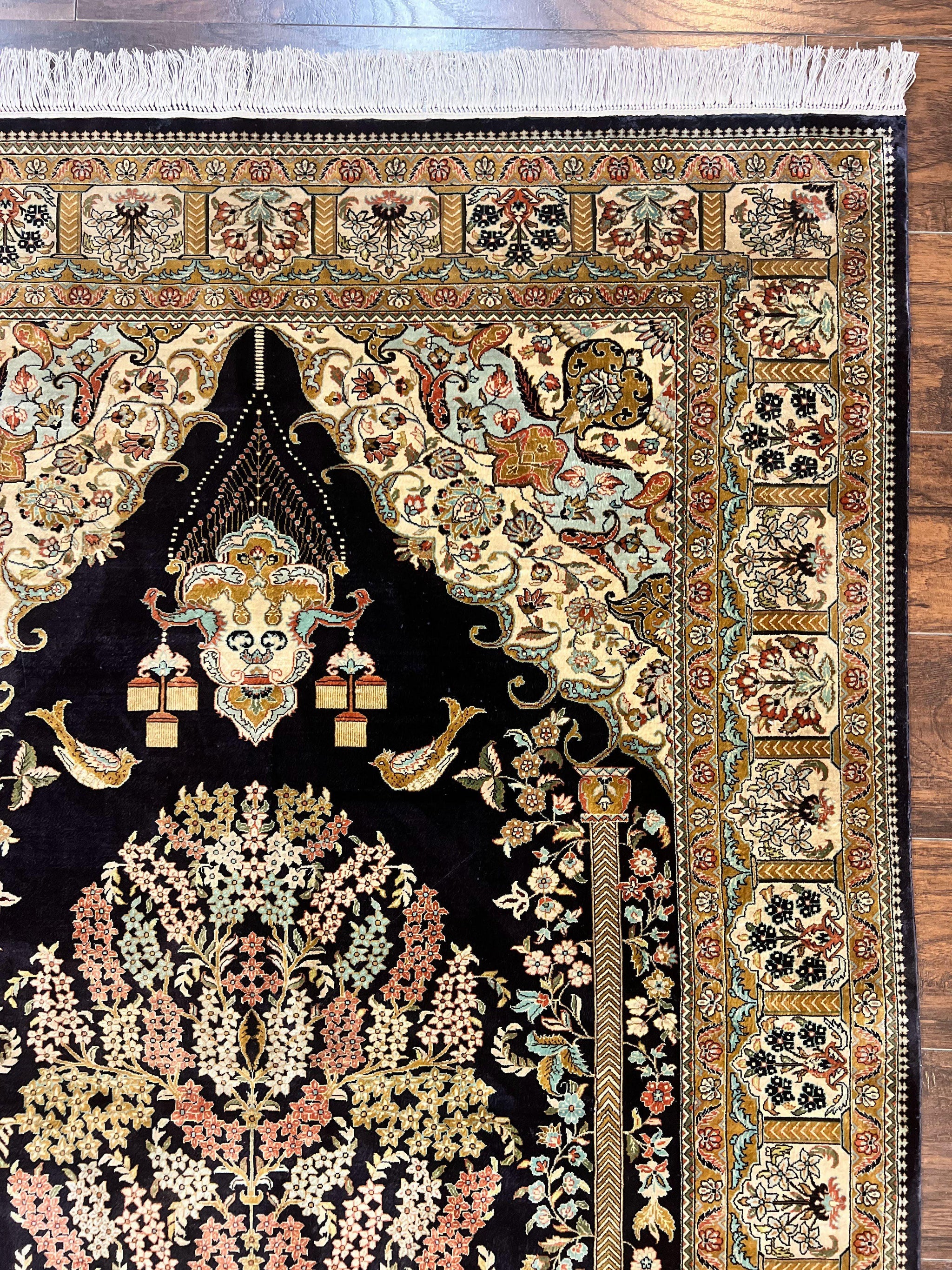 Wonderful Sino Persian Silk Rug 4x6, Tree of LIfe Design, Masterpiece 575 KPSI, Birds, Prayer Rug, Black, Silk on Silk by Jewel Rugs