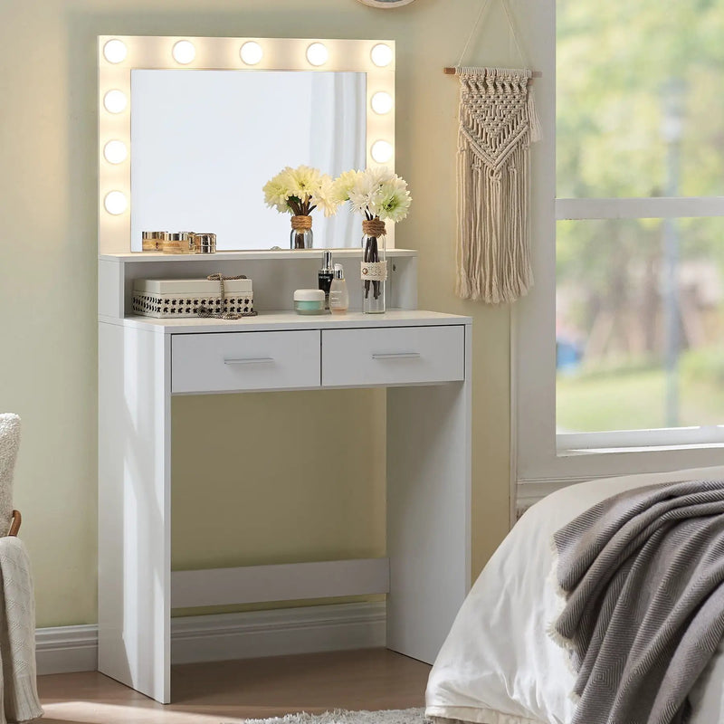 Vanity Desk With Mirror And Lights, Dressing Table With Large Drawer, 2 Level Storage Dresser & 3 Lighting Modes Adjustable Brightness, Suitable For Bedroom by HouseOfZazla