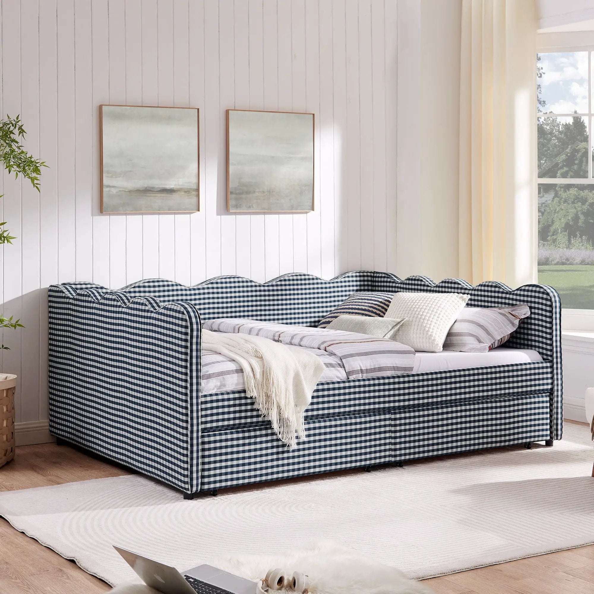 Gingham Daybed With USB Charging Port, Wave-Shaped Design by Unique Piece Furniture