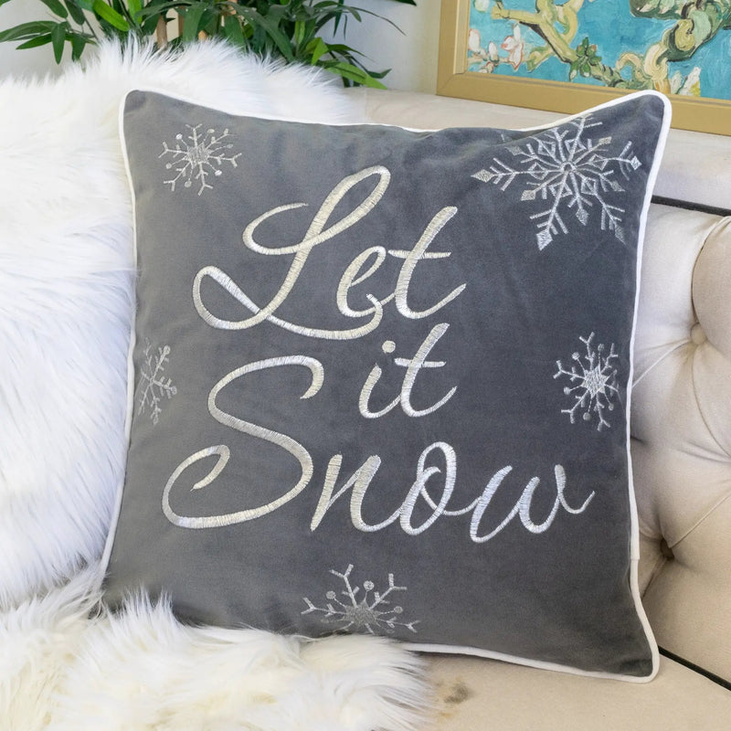 Let It Snow Embroidered Cotton Throw Pillow – 20x20 Gray Winter Accent Cushion by HouseOfZazla