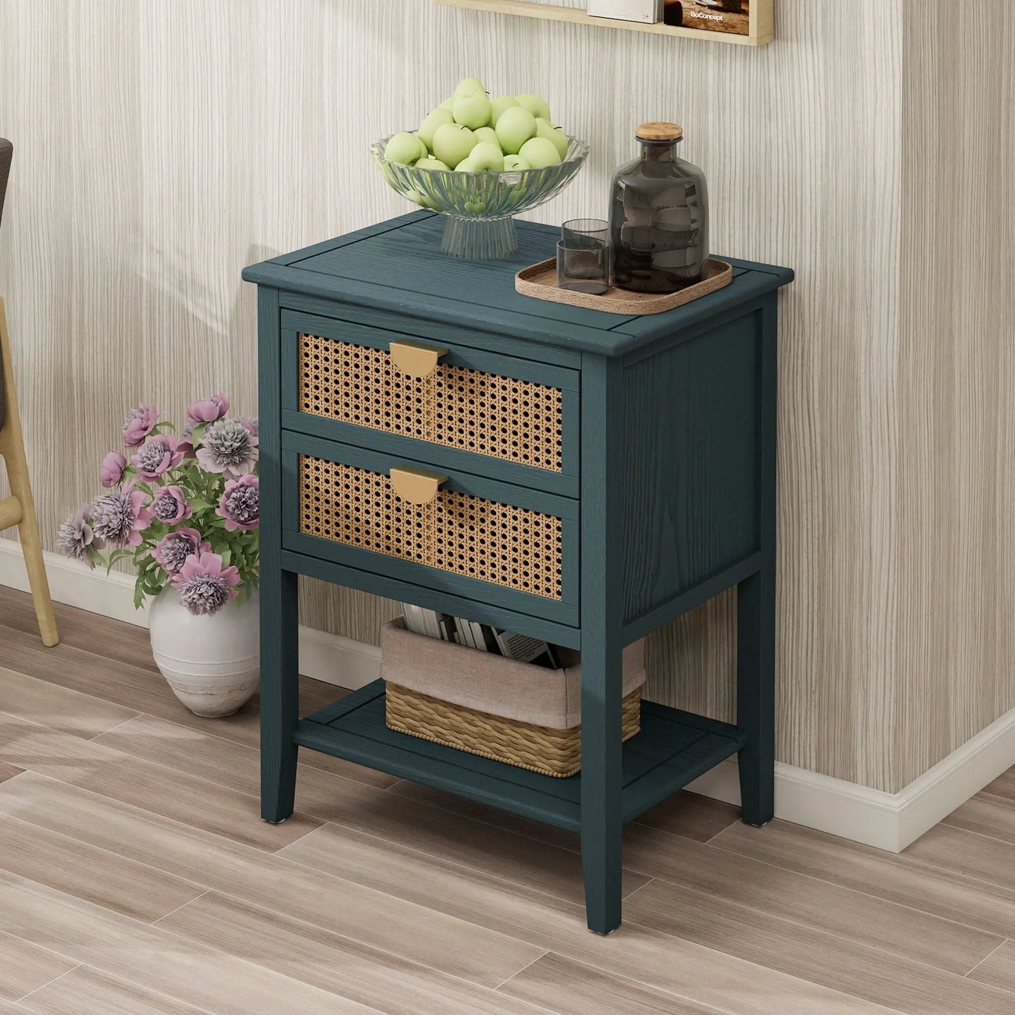 2 Drawer Side Table, Natural Rattan by HouseOfZazla