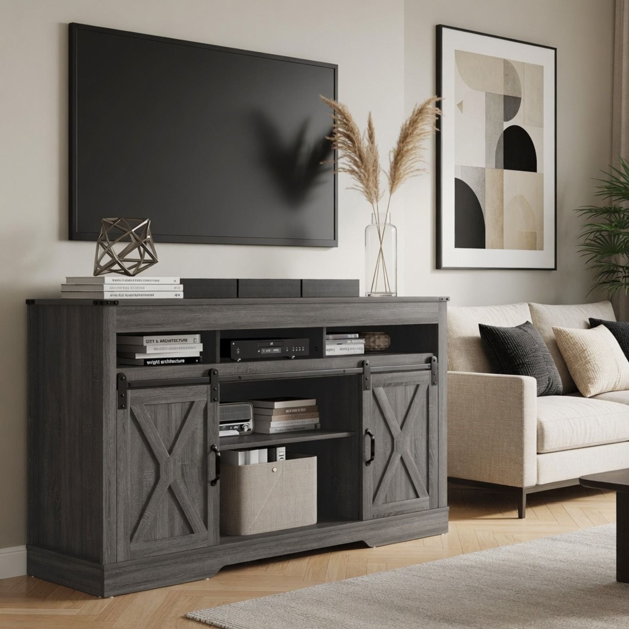 Farmhouse TV Stand With Sliding Barn Doors & Adjustable Storage by HouseOfZazla