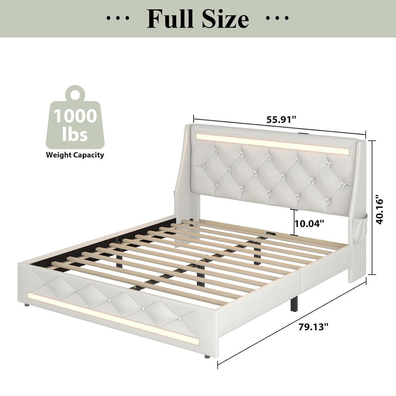 Wingback Upholstered Bed Frame With LED Lights, Charging Station by HouseOfZazla