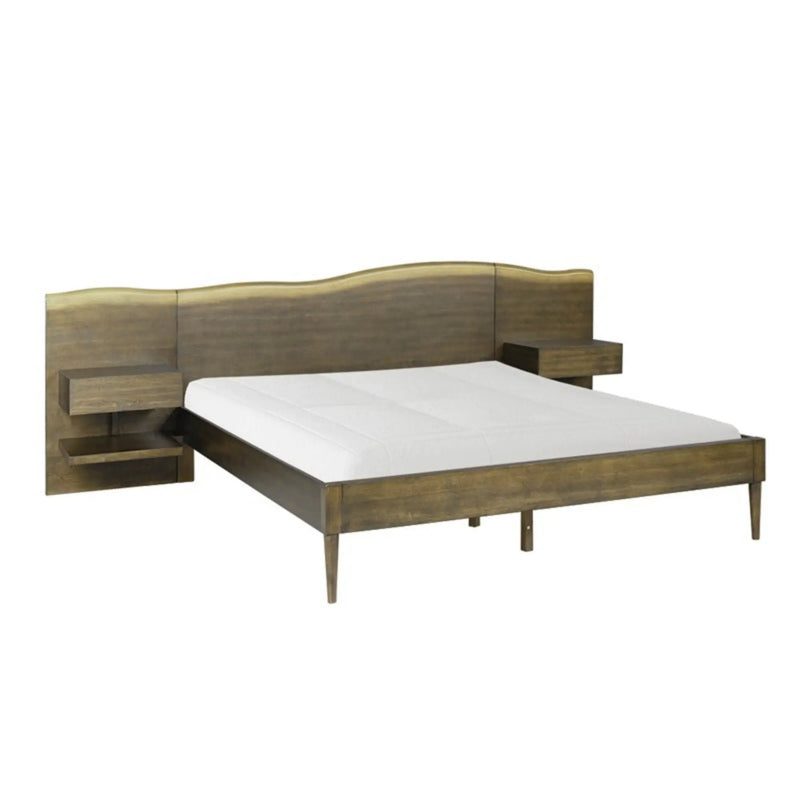 Queen Size Platform Bed Frame With Live Edge Headboard, Built In Nightstands - Dark Brown by HouseOfZazla