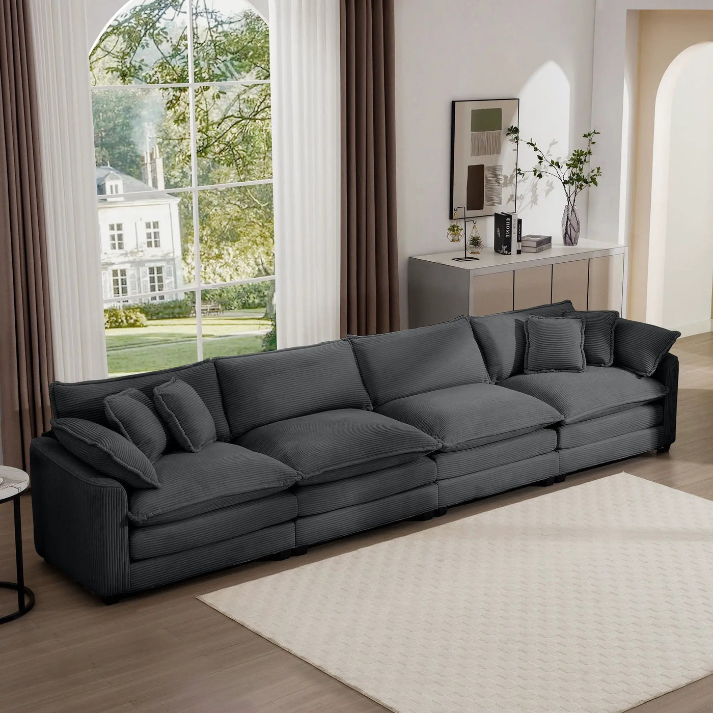 Modern Upholstered 4 Seater Fabric Sofa With Arm And Throw Pillows by HouseOfZazla
