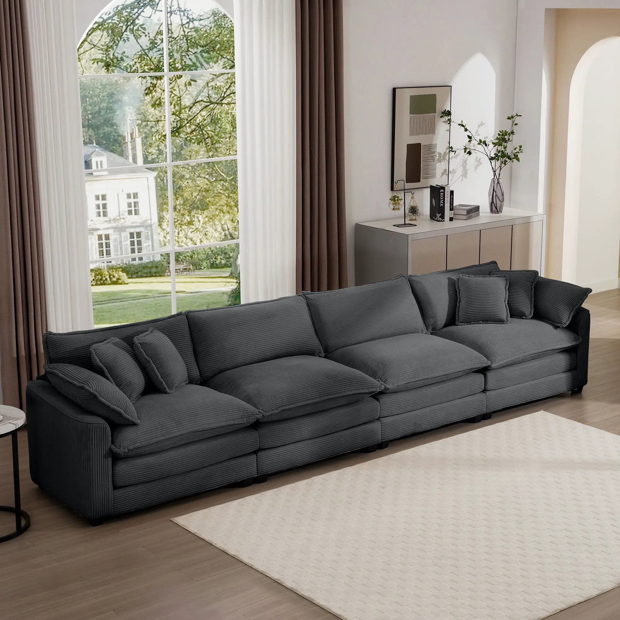 Modern Upholstered 4 Seater Fabric Sofa With Arm And Throw Pillows by HouseOfZazla