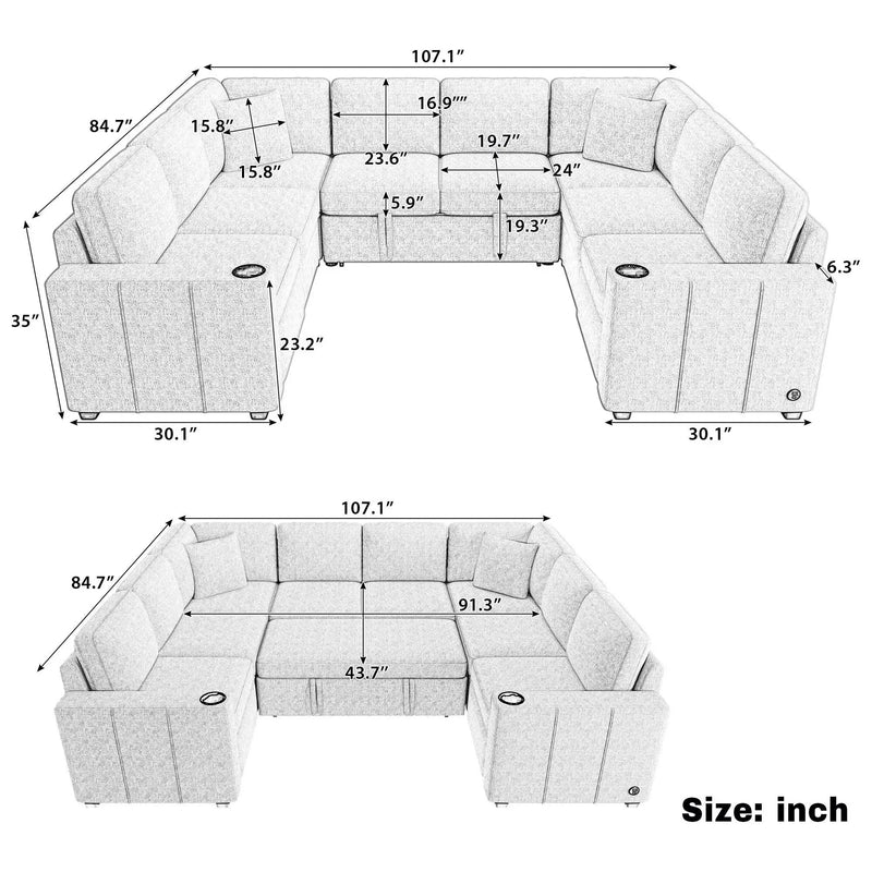 Convertible U-Shaped Sectional Sofa With Pull-Out Bed by Unique Piece Furniture