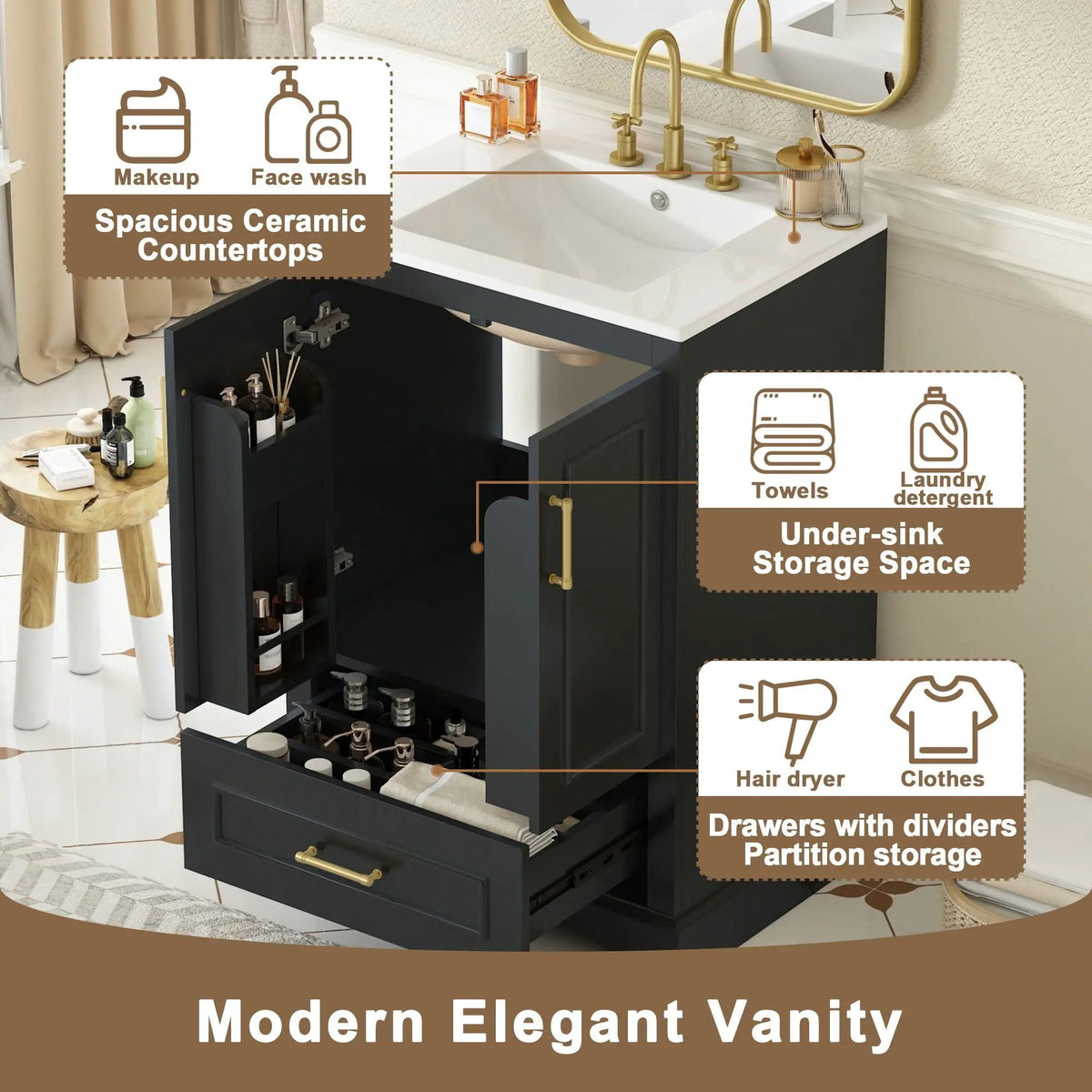 Bathroom Vanity With Sink, 1 Divided Drawer And 2 Soft Close Doors With Double Shelf, photo 18 of 20