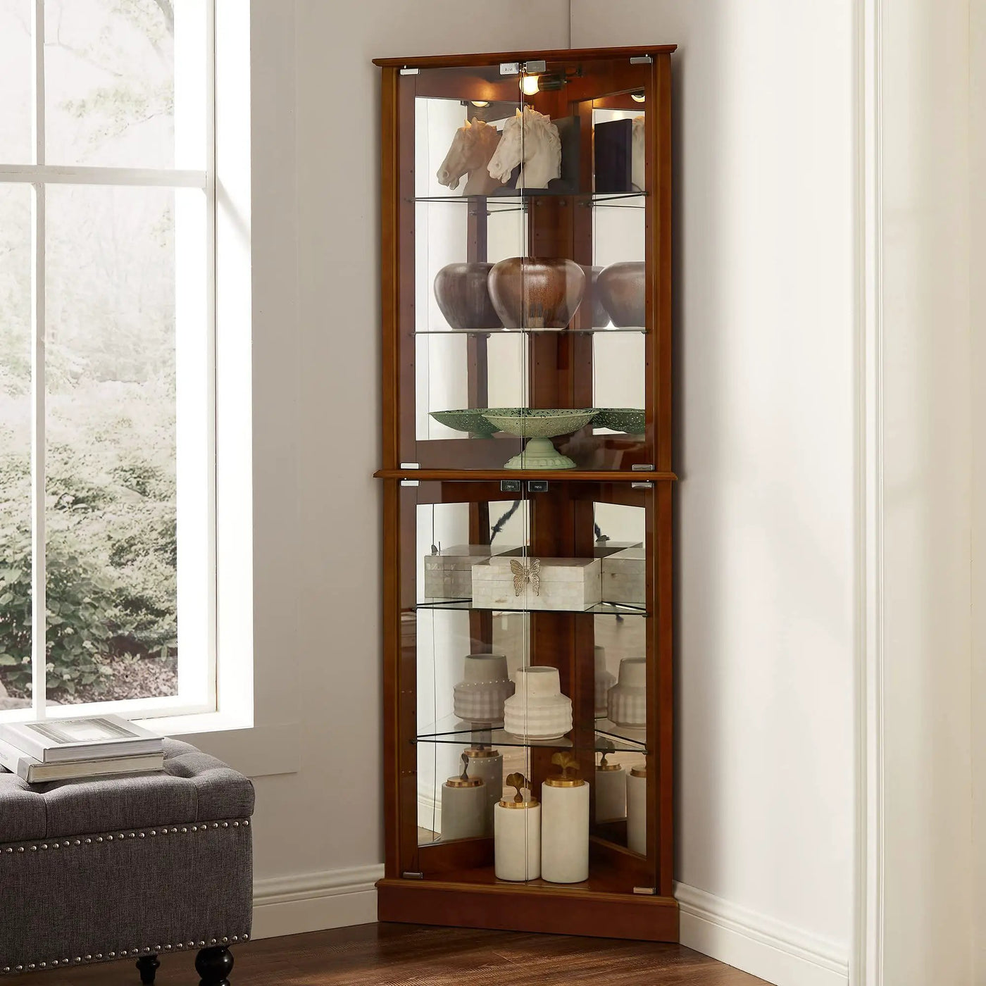 Corner Curio Dispaly Cabinet With Lights, Adjustable Tempered Glass Shelves, Mirrored Back (E26 Light Bulb Not Included) by HouseOfZazla