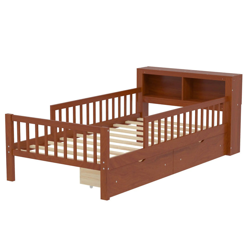 Bed With Headboard Storage Rack, 2 Under Bed Drawers, 3 Side Guardrails For Safety by HouseOfZazla
