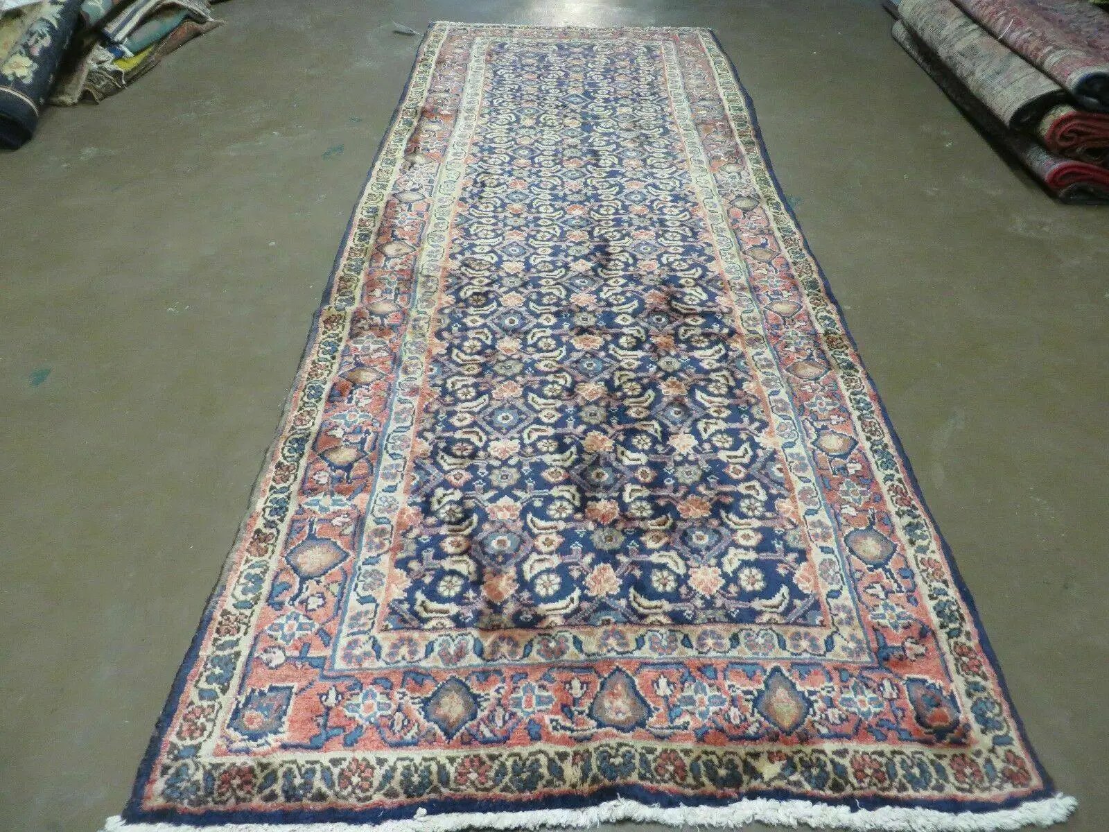 3'7" X 10' Antique Handmade India Floral Oriental Wool Runner Rug Organic Blue by Jewel Rugs
