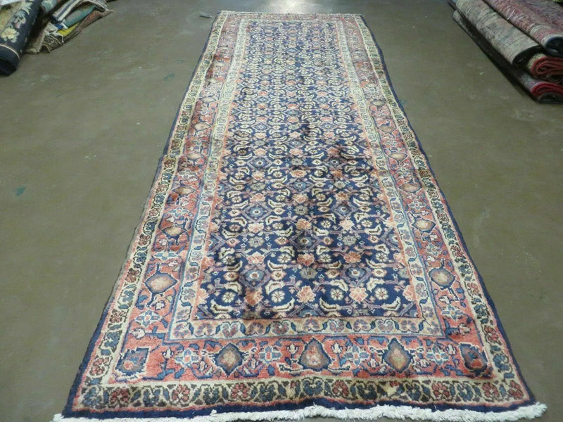 3'7" X 10' Antique Handmade India Floral Oriental Wool Runner Rug Organic Blue by Jewel Rugs