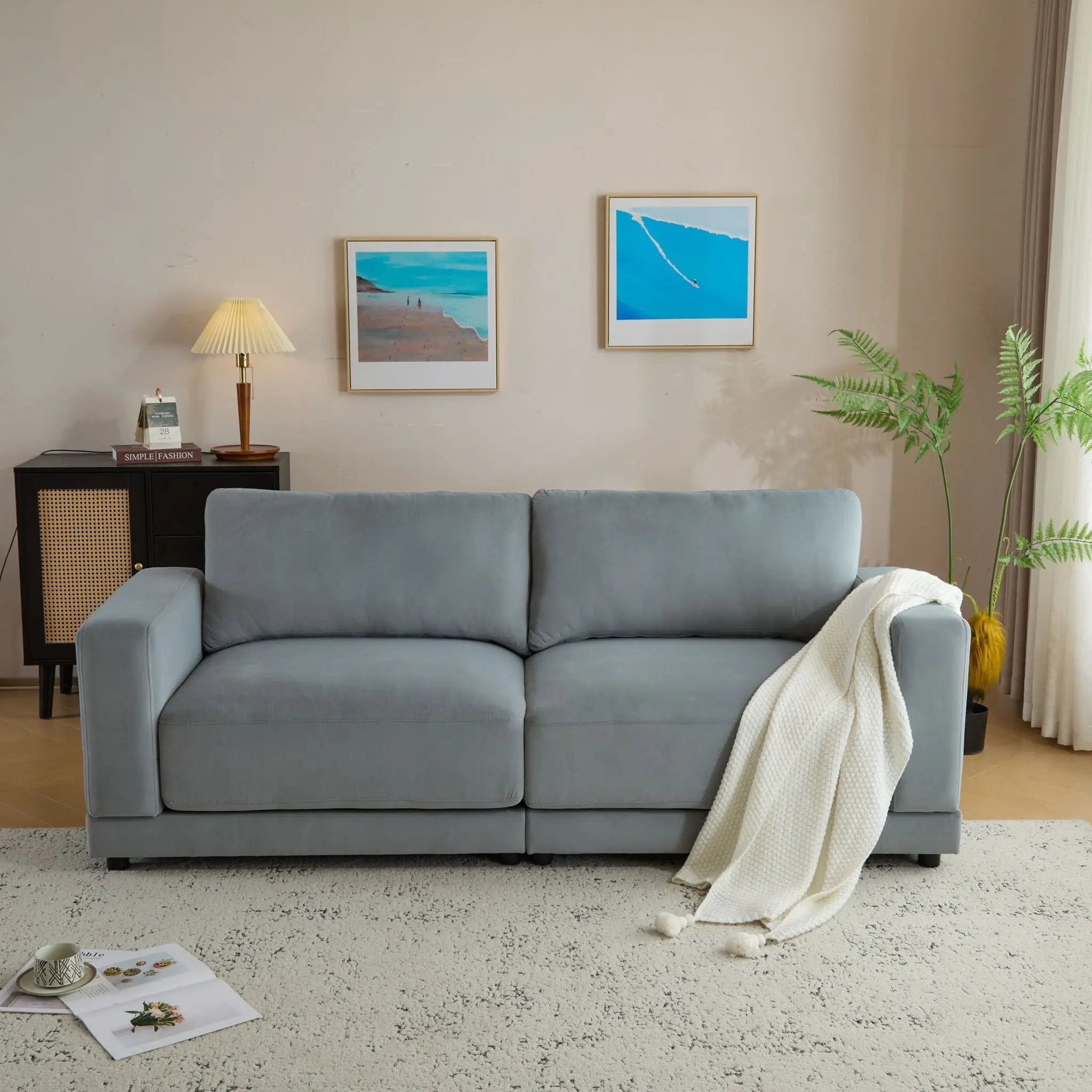 Modern Square Arm Sofa With Soft Fabric Upholstery, Deep Cushions by HouseOfZazla