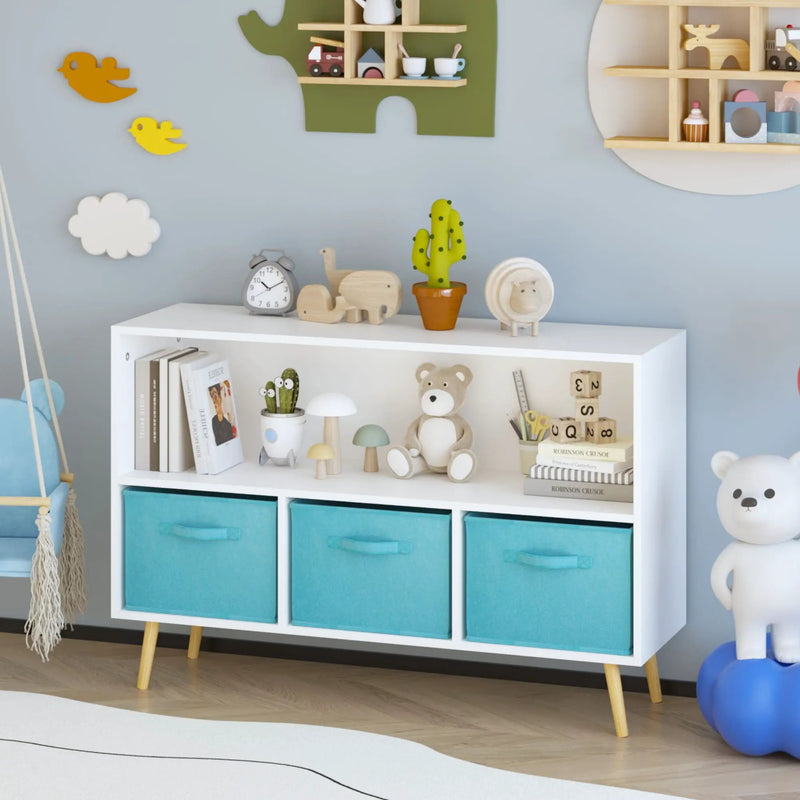 Bookcase With Collapsible Drawers, Book Display Storage Cabinet Organizer - White / Blue by Unique Piece Furniture