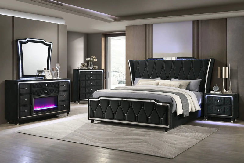 Lorient Eastern King LED Upholstered Bed Black by Unique Piece Furniture