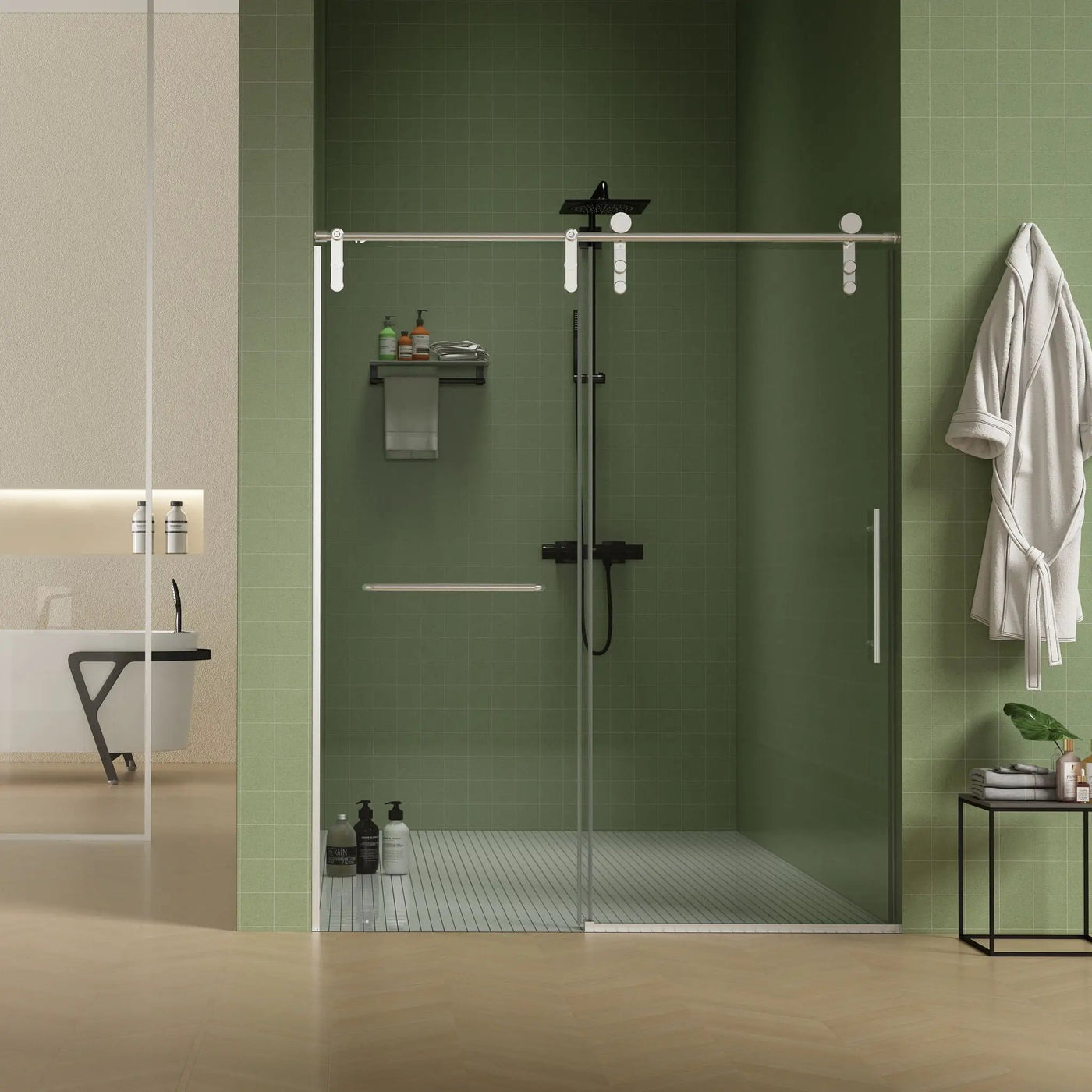 Frameless Shower Door, Sliding Shower Door, Premium 5 / 16" (8 Mm) Thick Tempered Glass Shower Enclosure With Towel Bar, Double Side Easy Clean Coat, Finished With Buffer by HouseOfZazla