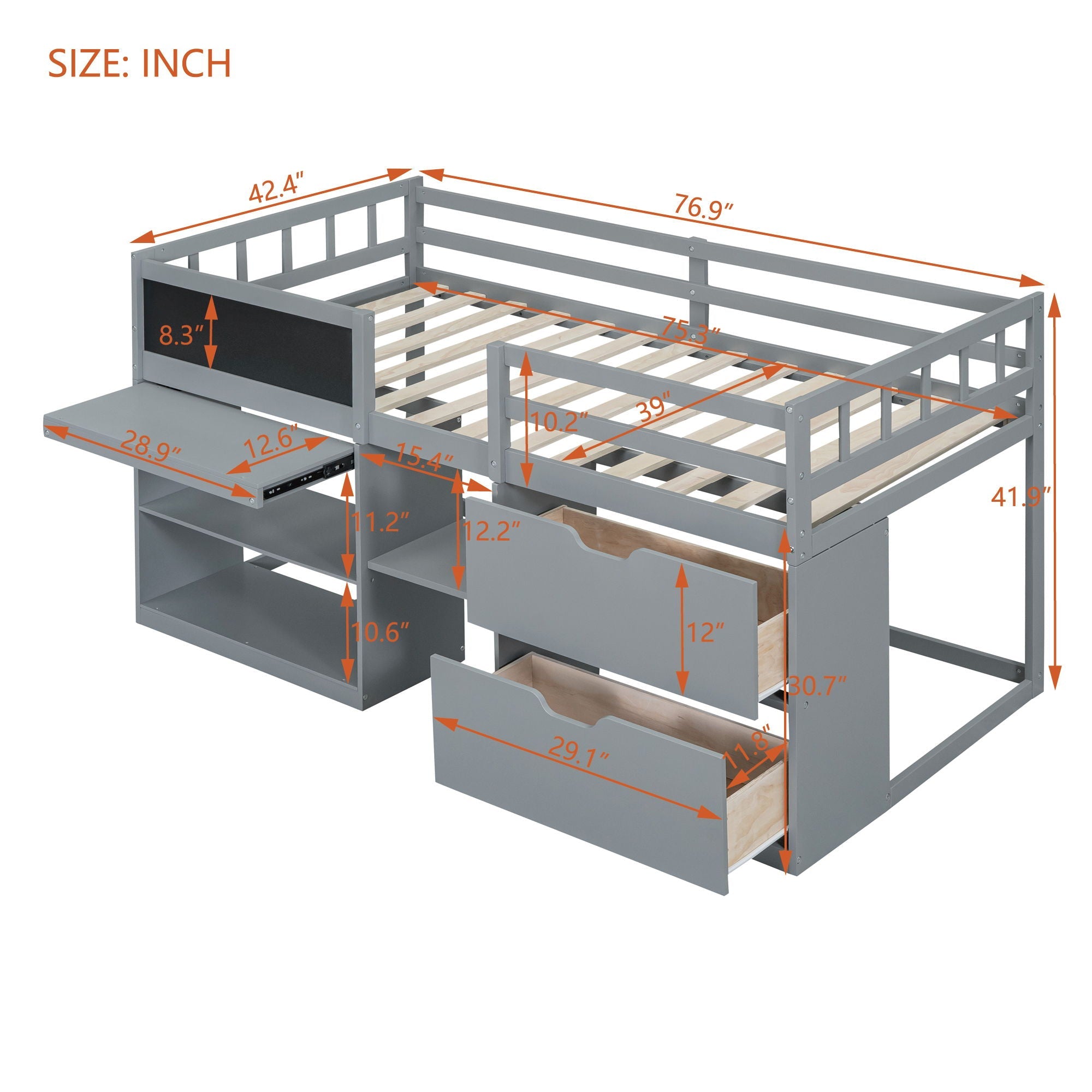 Low Loft Bed With Rolling Desk, Shelf And Drawers by HouseOfZazla