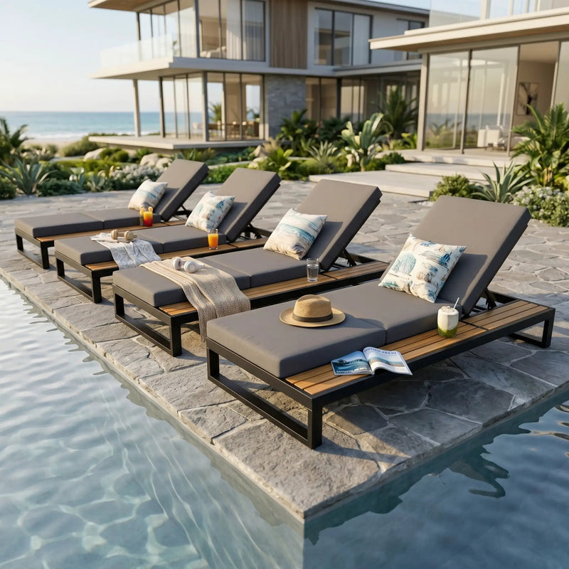 Black Iron & Teak Finish Chaise Lounge Set by HouseOfZazla