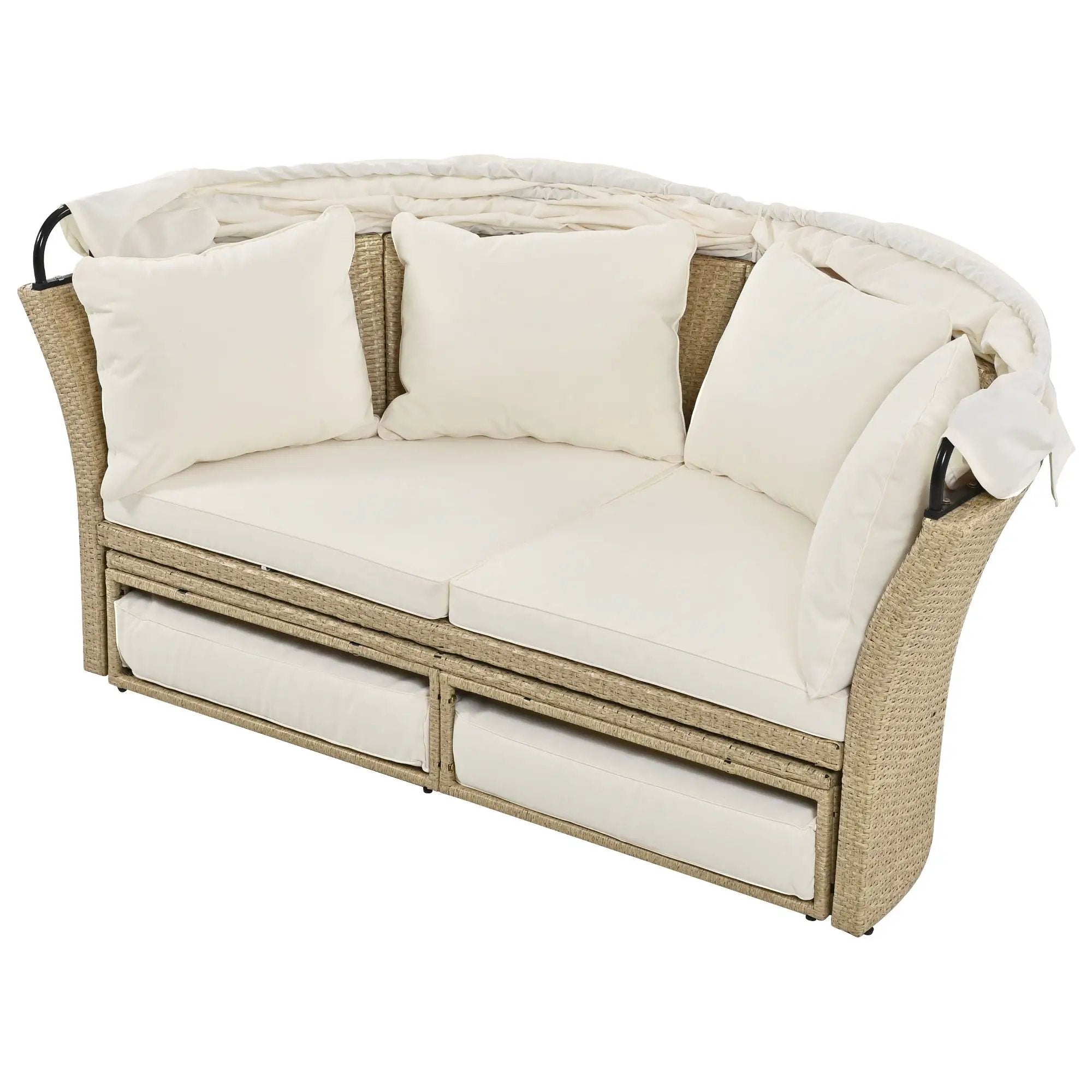 Outdoor Patio Daybed Wicker Rattan Double Daybed Round Sofa Furniture Set With Retractable Canopy, 4 Pillows For Lawn Garden by HouseOfZazla