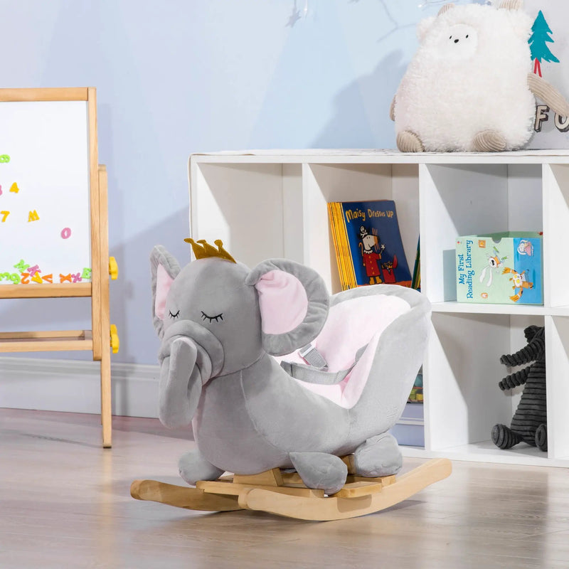 Qaba - Baby Rocking Horse Elephant Rocking Chair Toddler Rocker Toy With Sound Wooden Base Seat Safety Belt For 1.5-3 Year Old - Gray by HouseOfZazla