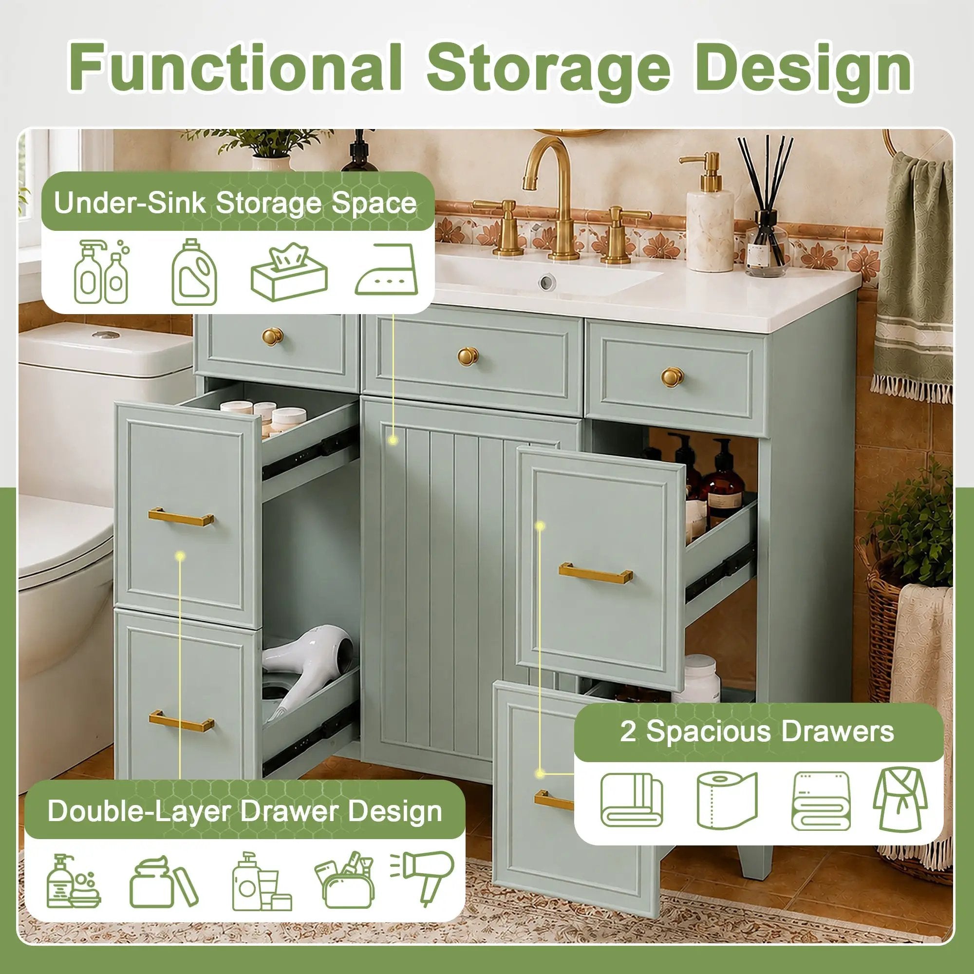 36" Green Bathroom Vanity with Ceramic Sink by HouseOfZazla