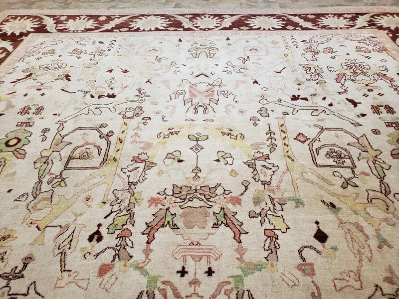 Beige and Maroon Peshawar Rug 10x15, Large Oushak Carpet, Pakistani Rug, Handmade Area Rug, Hand Knotted Rug, Living Room Rug, Nice Wool Rug by Jewel Rugs