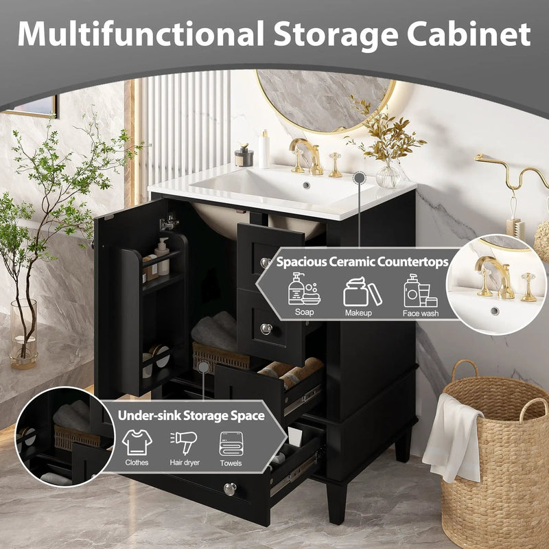 Bathroom Vanity With Integrated Basin, Soft Close Drawers, Door Mounted Double Layer Shelf by Unique Piece Furniture