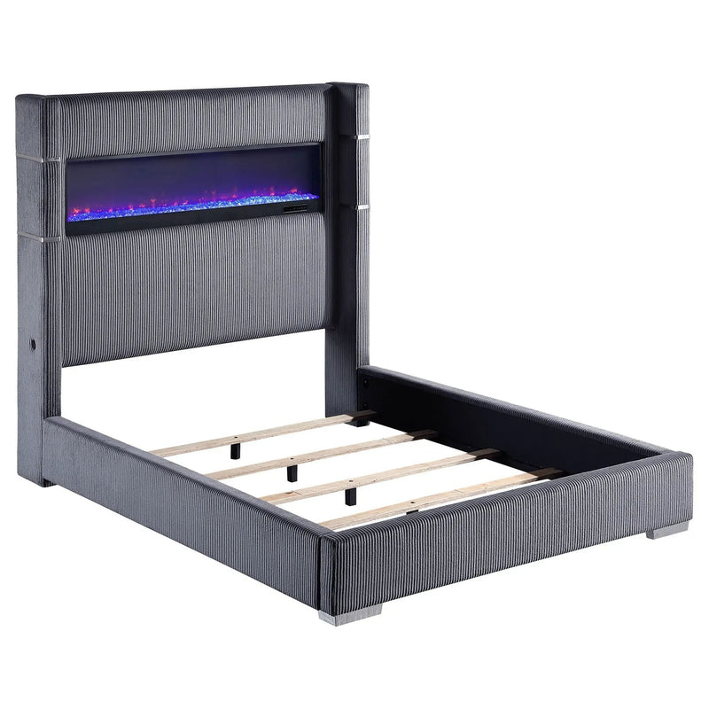Haven - Upholstered Queen Bed With Integrated Flame Box - Gray by HouseOfZazla