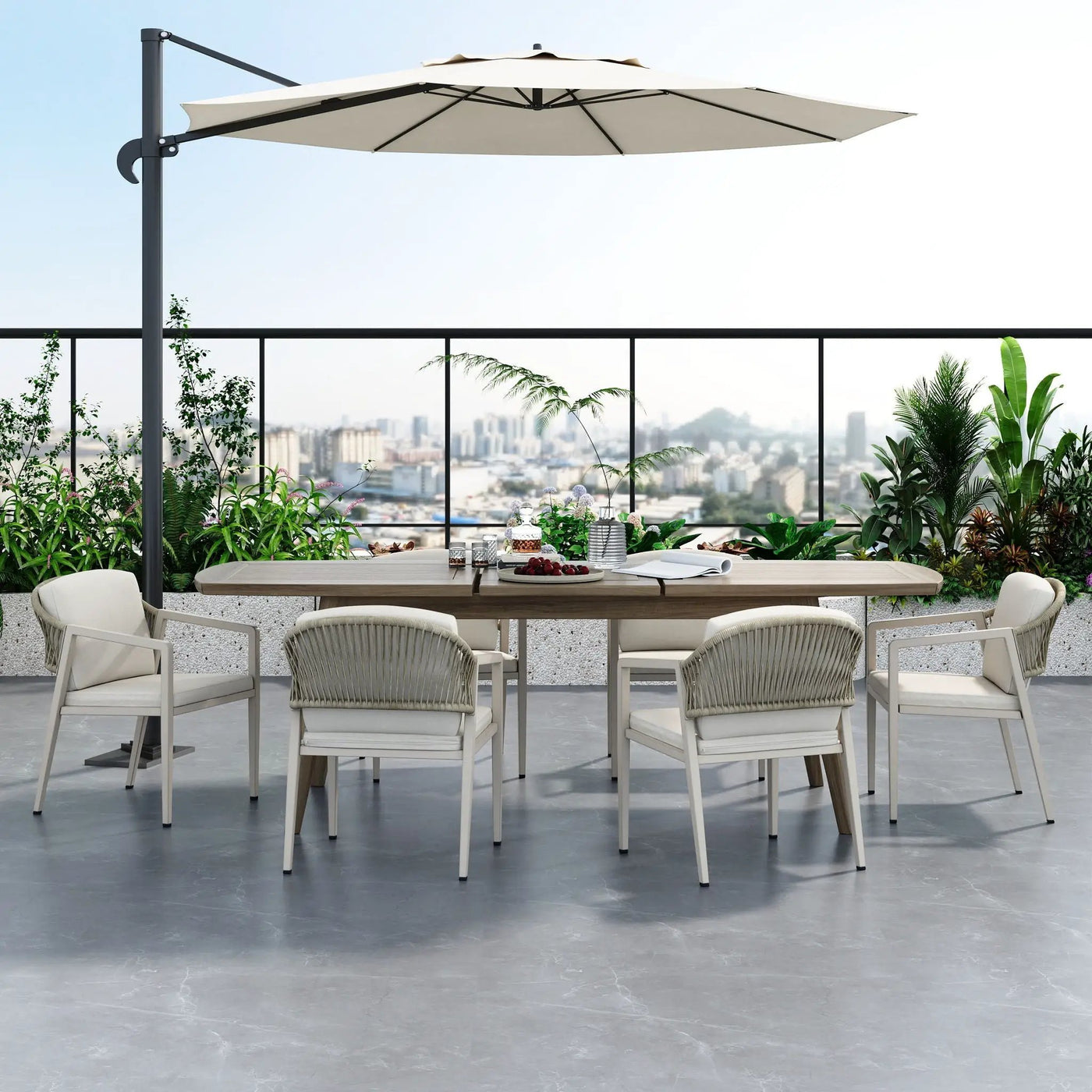 Modern Outdoor Dining Set With Expandable Acacia Wood Table by HouseOfZazla