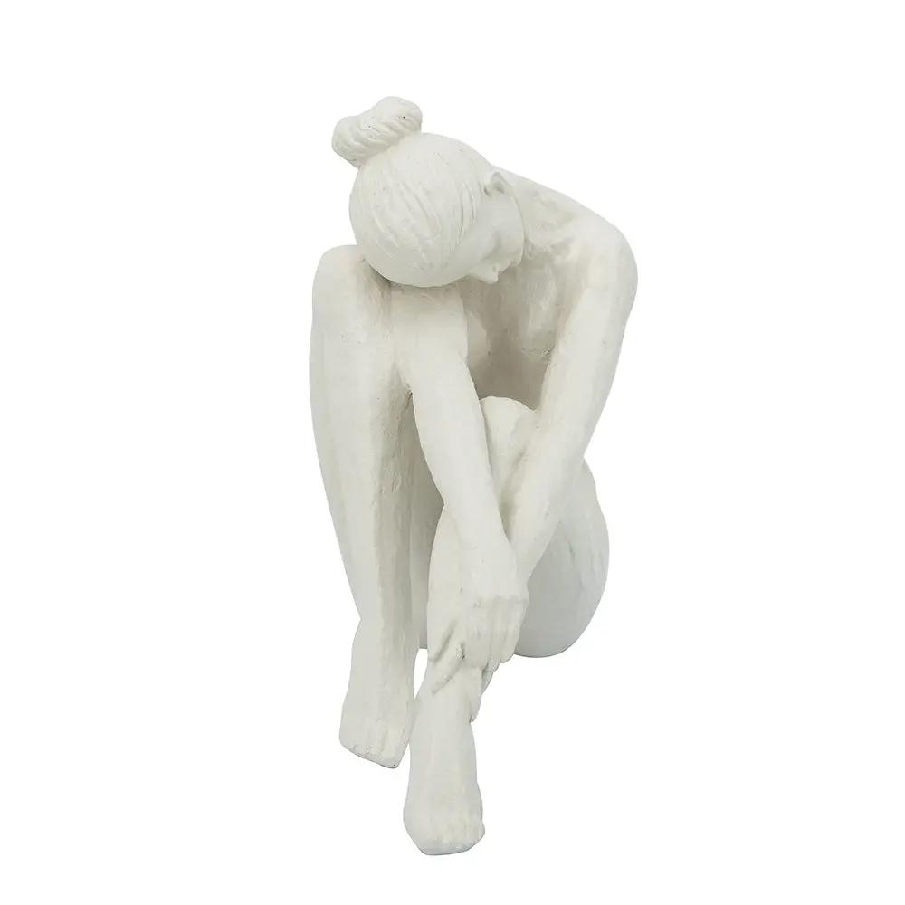 10.5x4.5x9' Seated Stone and Resin Woman Figurine with Smooth White Finish by HouseOfZazla