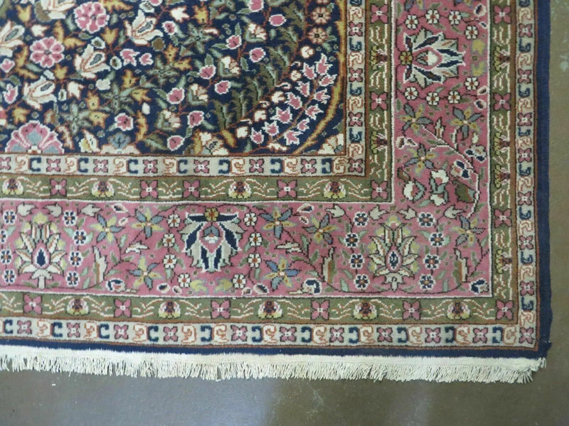 Turkish Sivas Rug 7x11, Navy Blue & Pink, Millifluer Floral Wool Carpet, Vintage by Jewel Rugs