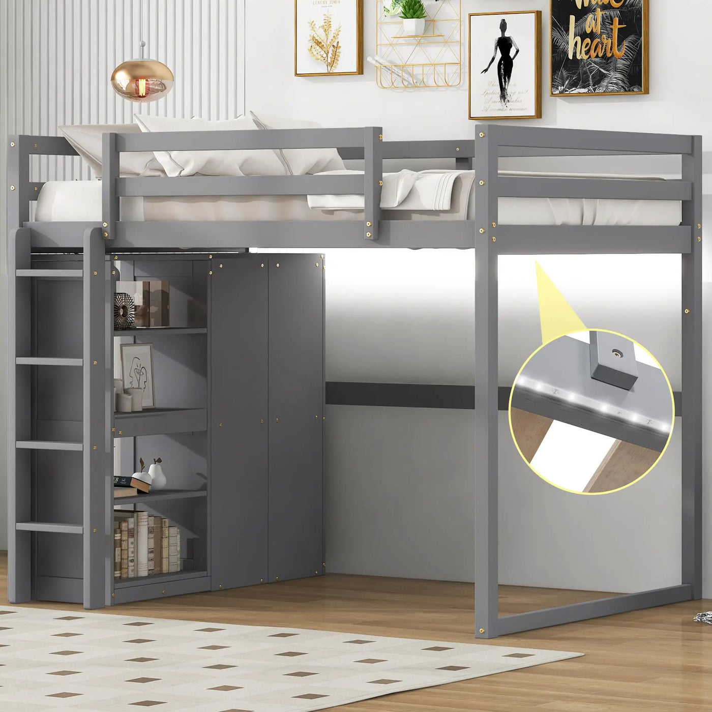 Loft Bed With Built In Wardrobe, Storage Shelves, And LED Light by HouseOfZazla