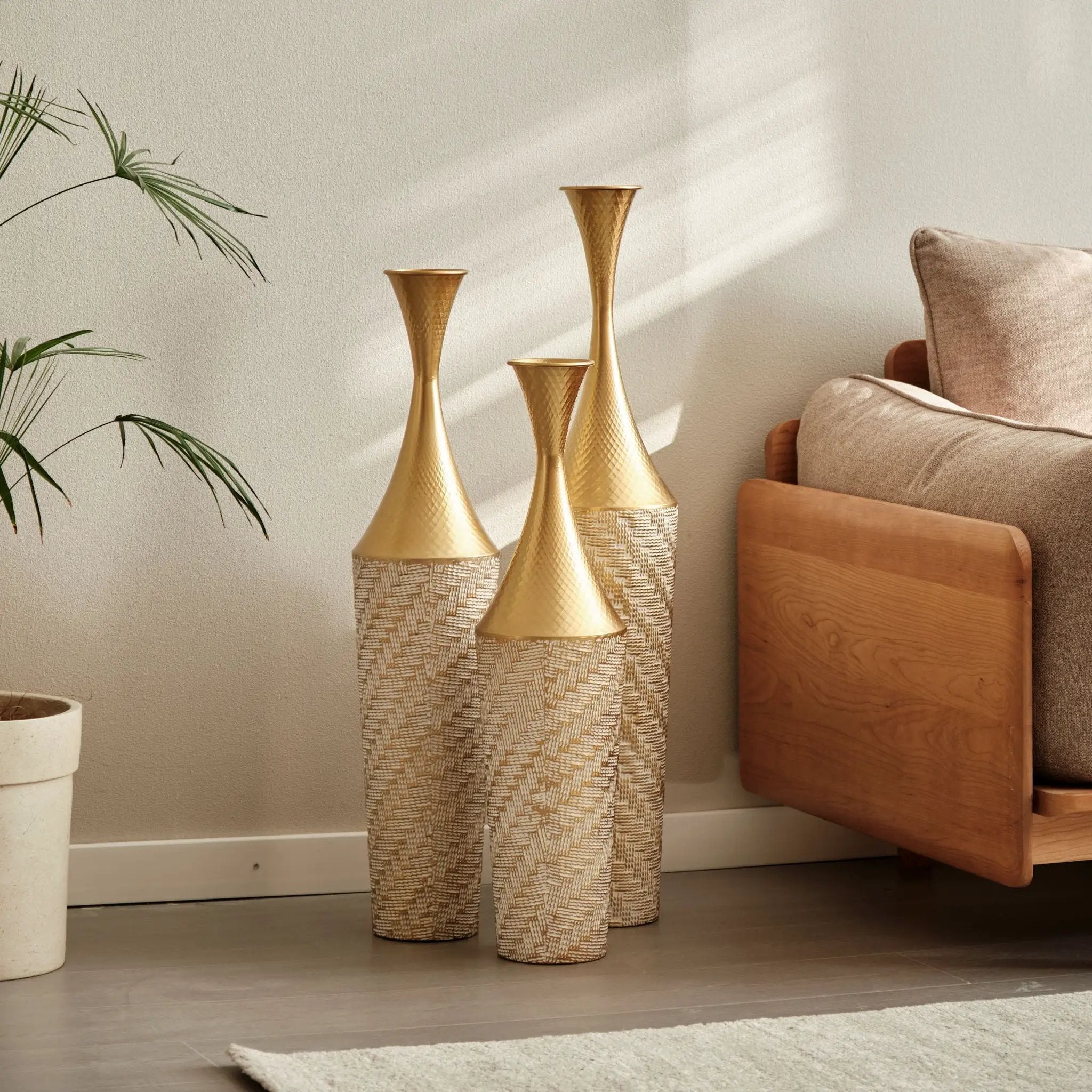 Floor Metal Vase Modern Style Decoration Home Woven Pattern Metal Vase 3 Piece Set Gorgeous Home Decoration Large Glazed Metal Vase - Champagne by HouseOfZazla