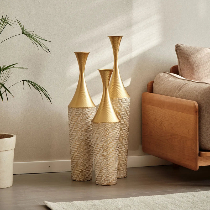 Floor Metal Vase Modern Style Decoration Home Woven Pattern Metal Vase 3 Piece Set Gorgeous Home Decoration Large Glazed Metal Vase - Champagne by HouseOfZazla