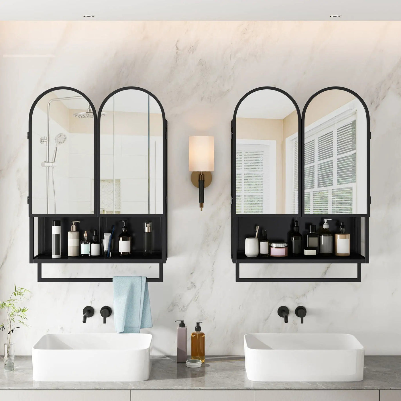 Double Arched Mirror Wall Cabinet With 2 Doors, Featuring Adjustable Shelves And Towel Rack by HouseOfZazla