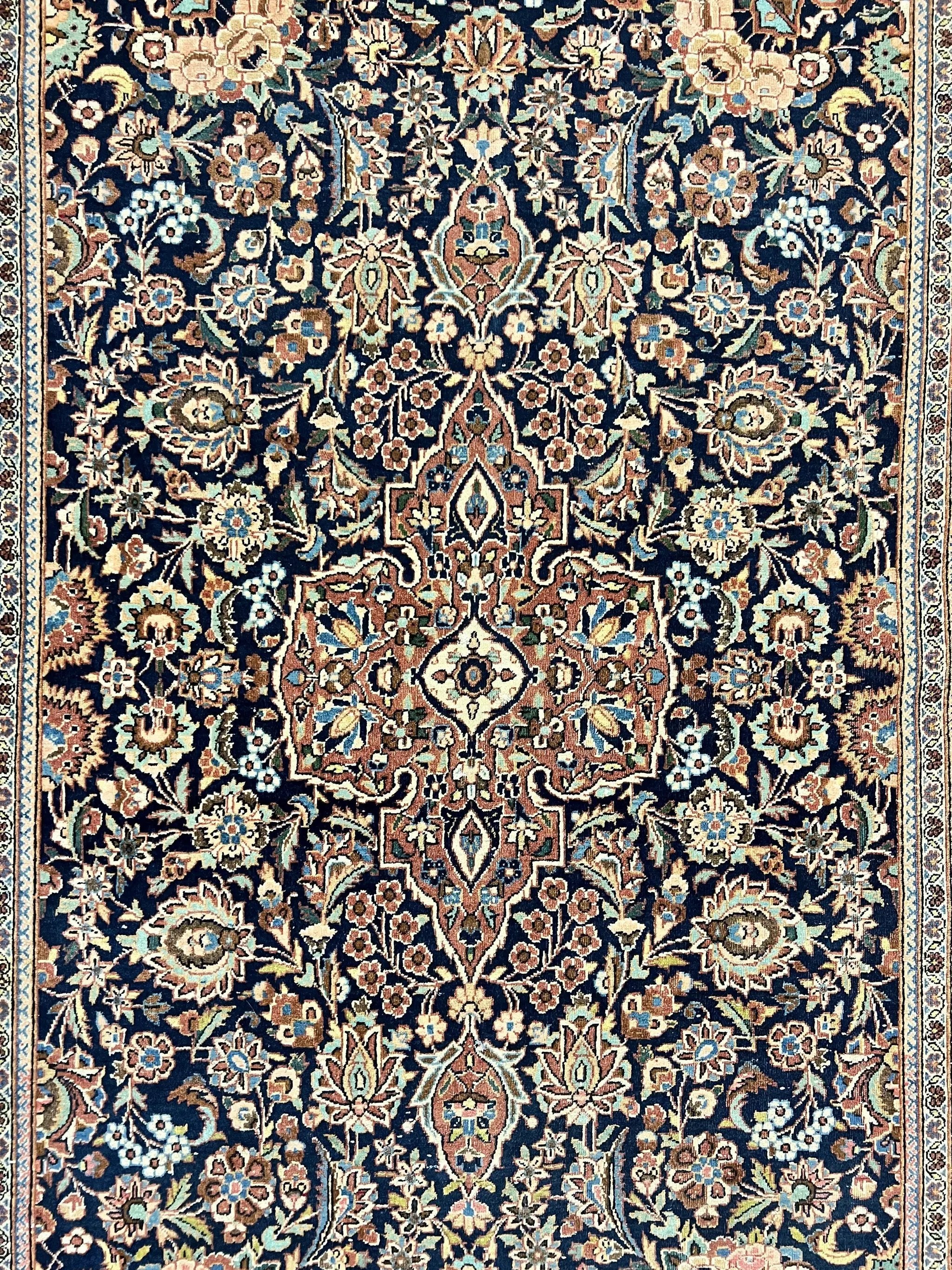 Persian Kashan Rug 4x7, Floral Medallion Vintage Handmade Hand Knotted Navy Blue & Red Wool Oriental Carpet, Highly Detailed Semi Antique Rug by Jewel Rugs