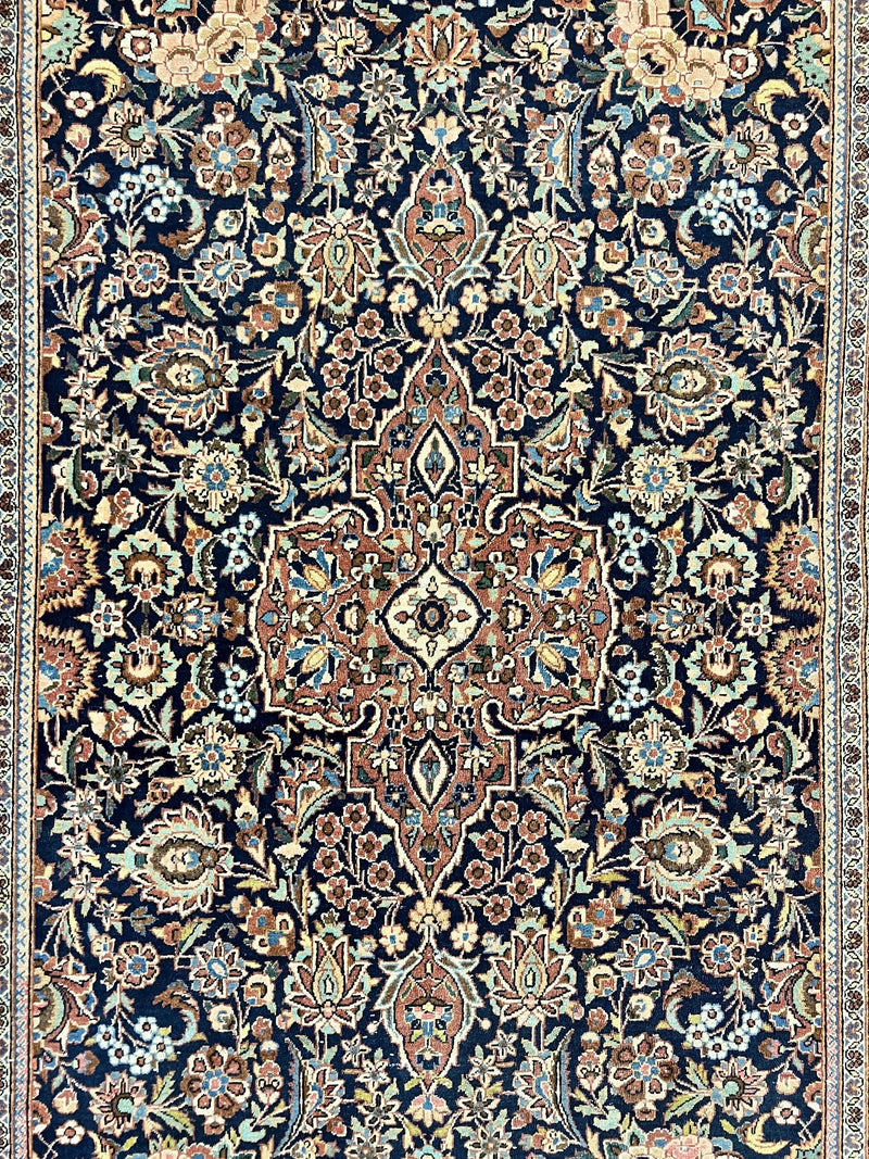 Persian Kashan Rug 4x7, Floral Medallion Vintage Handmade Hand Knotted Navy Blue & Red Wool Oriental Carpet, Highly Detailed Semi Antique Rug by Jewel Rugs
