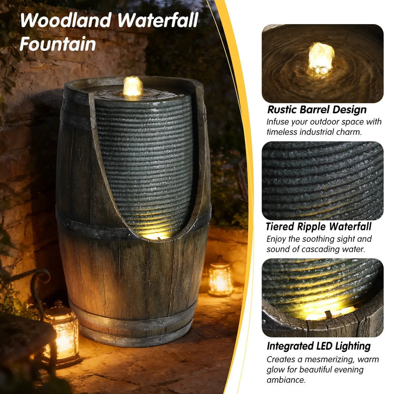 Wooden Barrel Style Outdoor Water Fountain with Lights by HouseOfZazla