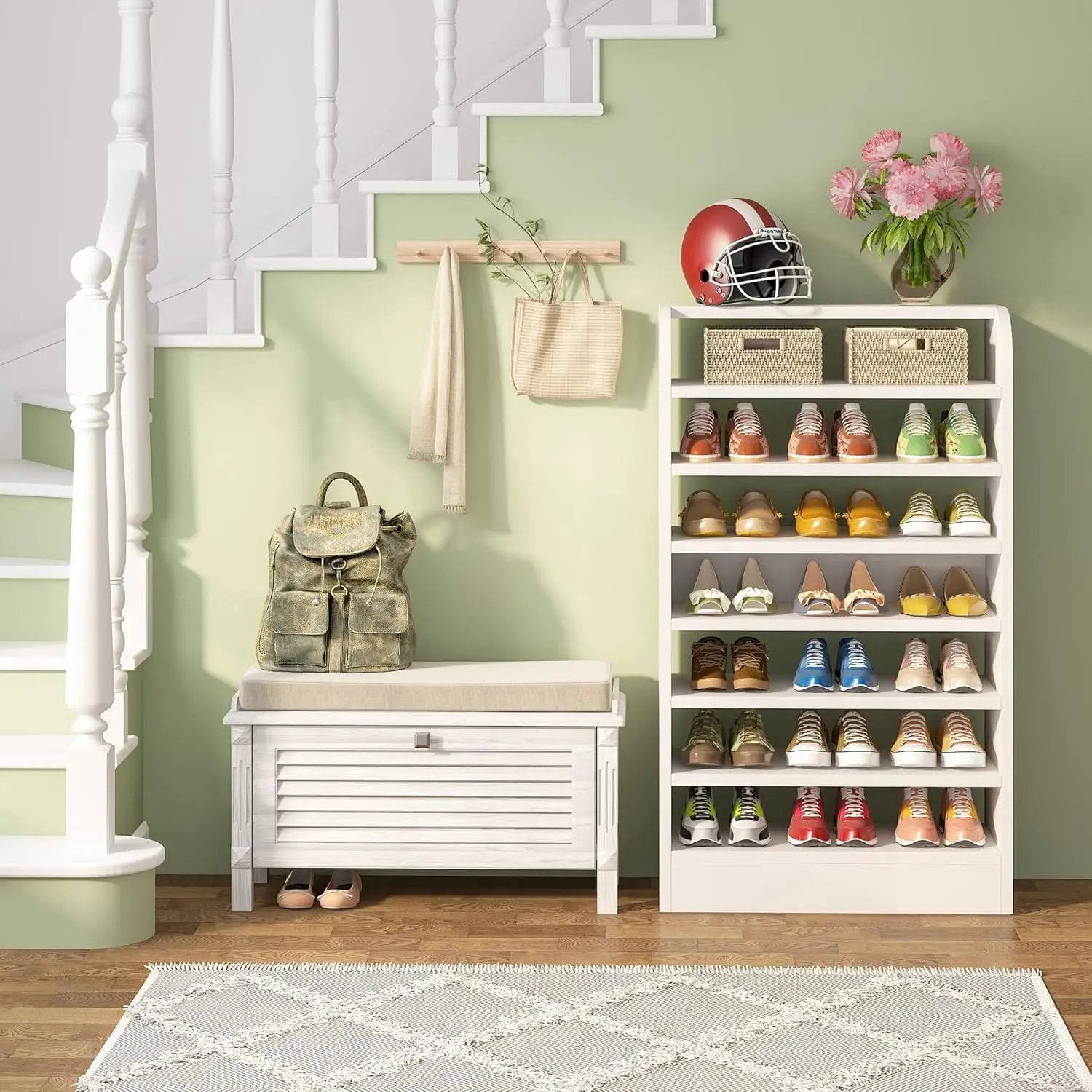 8 Tier Tall Shoe Rack, Wooden Shoe Storage Cabinet, Entryway Organizer - White by HouseOfZazla