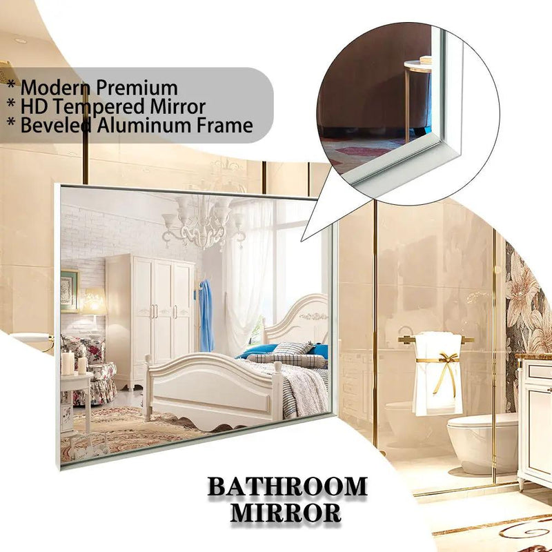 Rectangular Wall-Mounted Beveled Bathroom Mirror, Square Angle Metal Frame Wall Mounted Bathroom Mirrors For Wall (Horizontal & Vertical) - Glossy White by HouseOfZazla