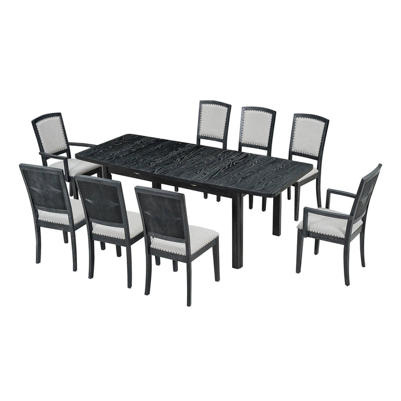 Topmax - Rustic Extendable Dining Table Set With Removable Leaf, 6 Upholstered Armless Dining Chairs And 2 Padded Arm Chairs, 9 Pieces by HouseOfZazla