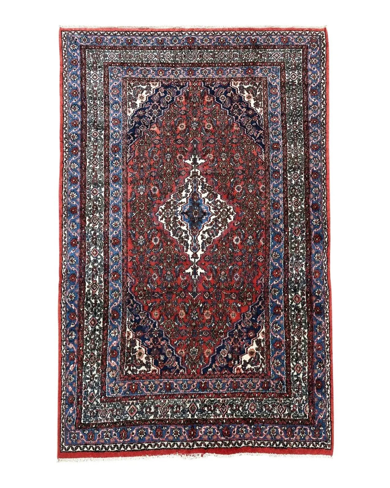 Persian Tribal Rug 6x11, Red Blue Ivory, Antique Persian Carpet, Hamadan Dargazin Carpet by Jewel Rugs