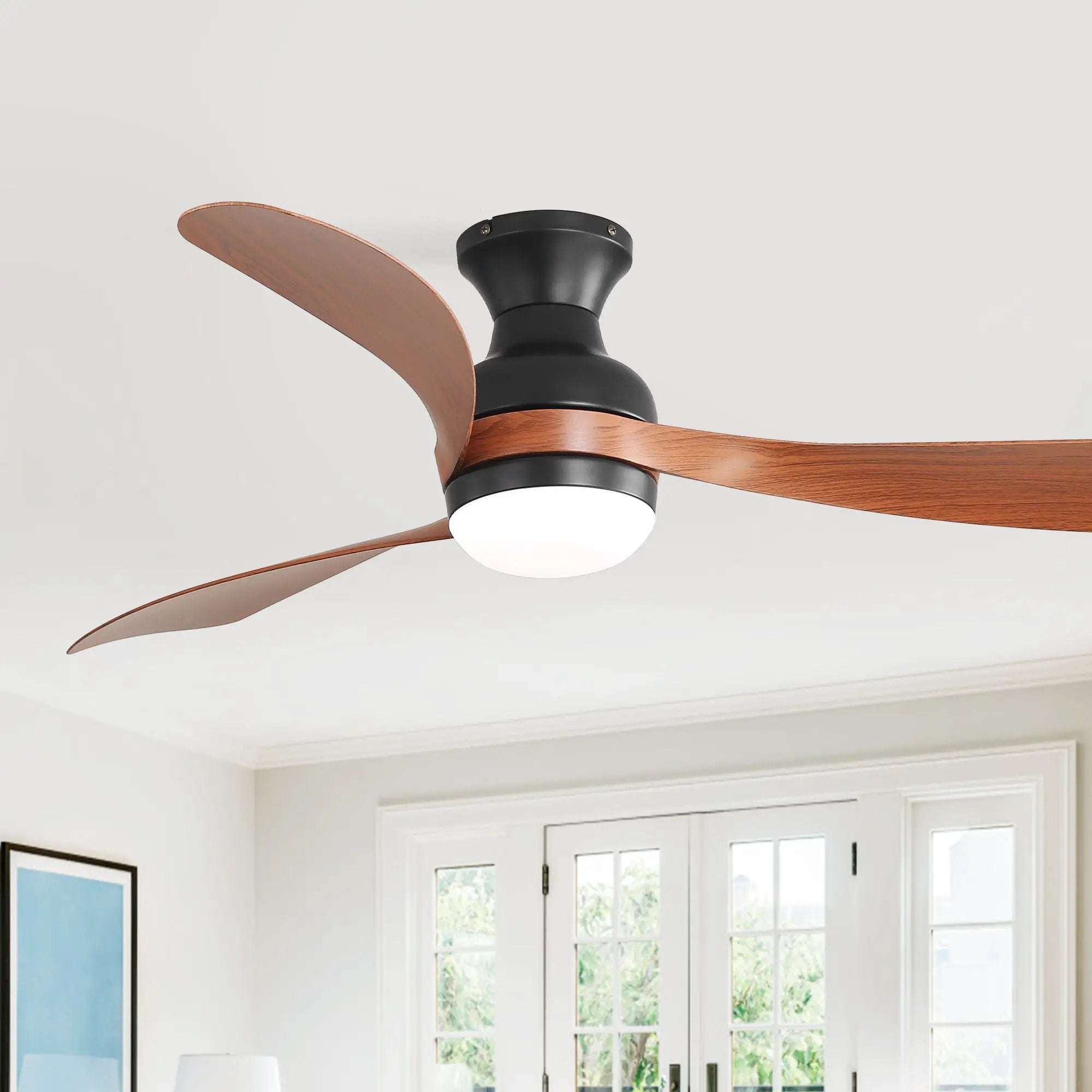 Ceiling Fan With Remote Controlled LED Light, 3 Blades, Reversible DC Motor, 6 Speeds, Dimmable, Flush Mount - Black by Unique Piece Furniture