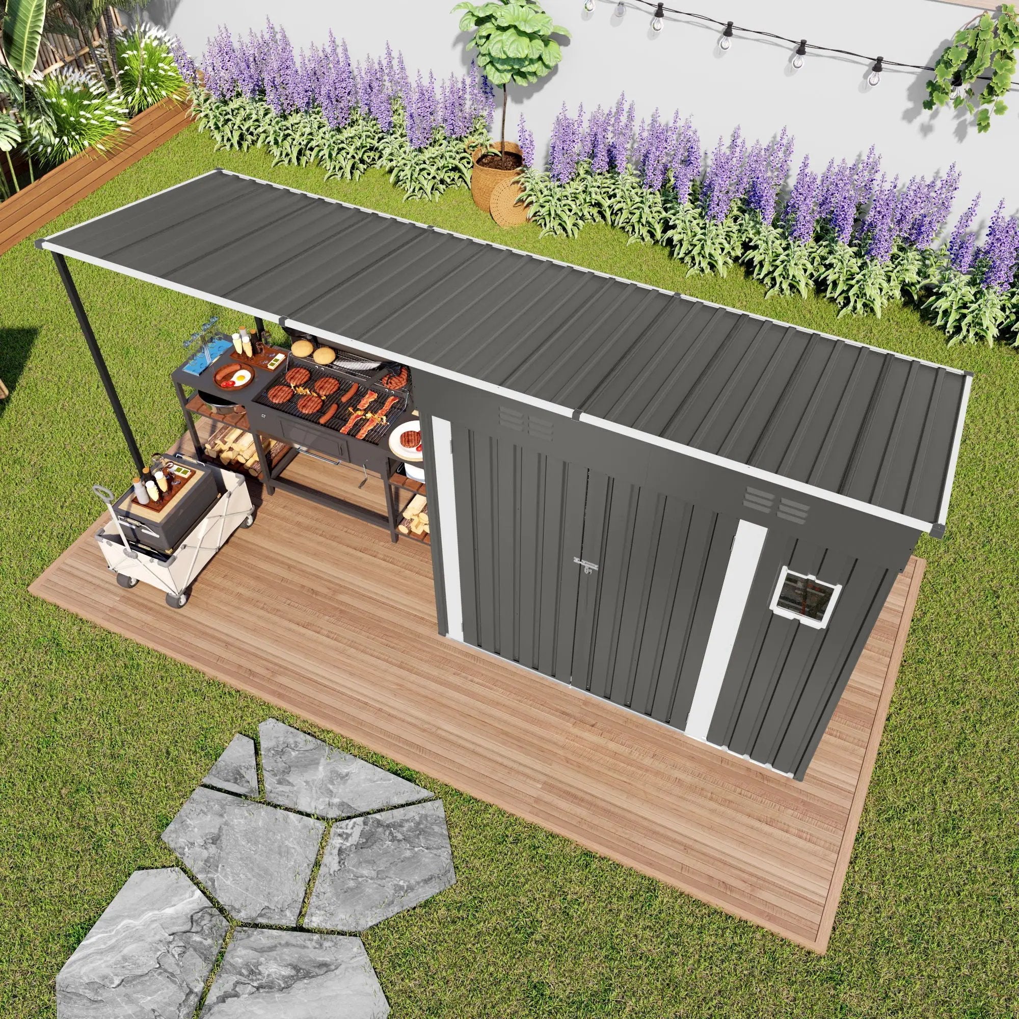 Lean To Shed With Open Sided Pergola, Outdoor Storage Shed & Attached Hardtop Gazebo Combo - Gray by HouseOfZazla