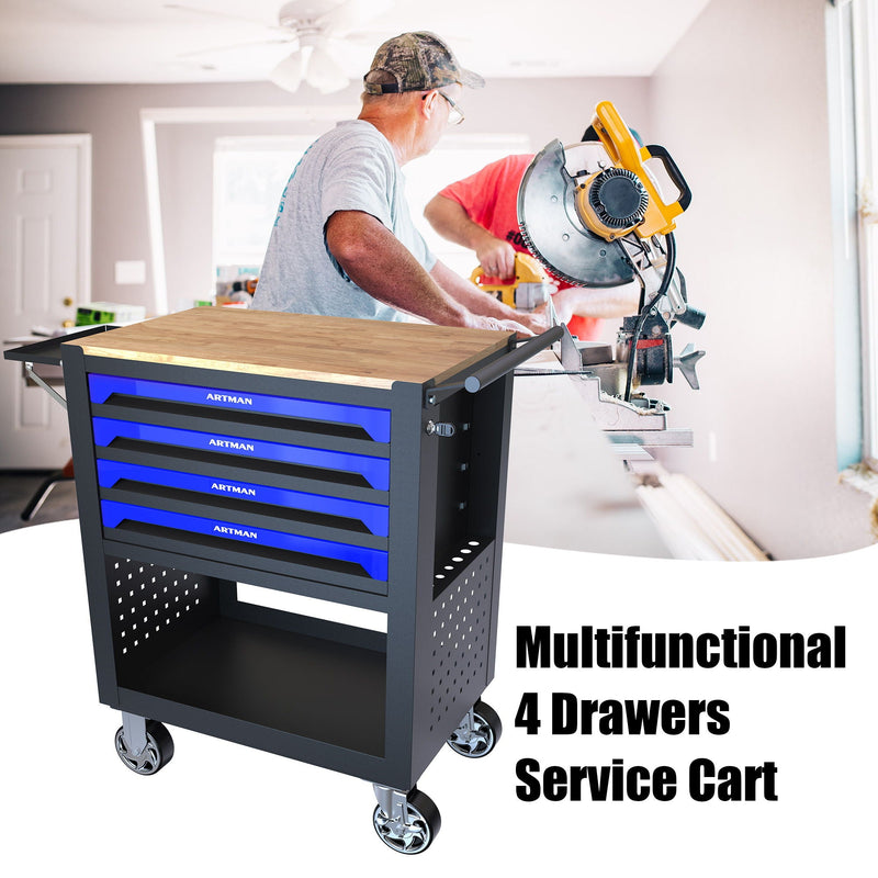 4 Drawers Multifunctional Tool Cart With Wheels And Wooden Top by HouseOfZazla