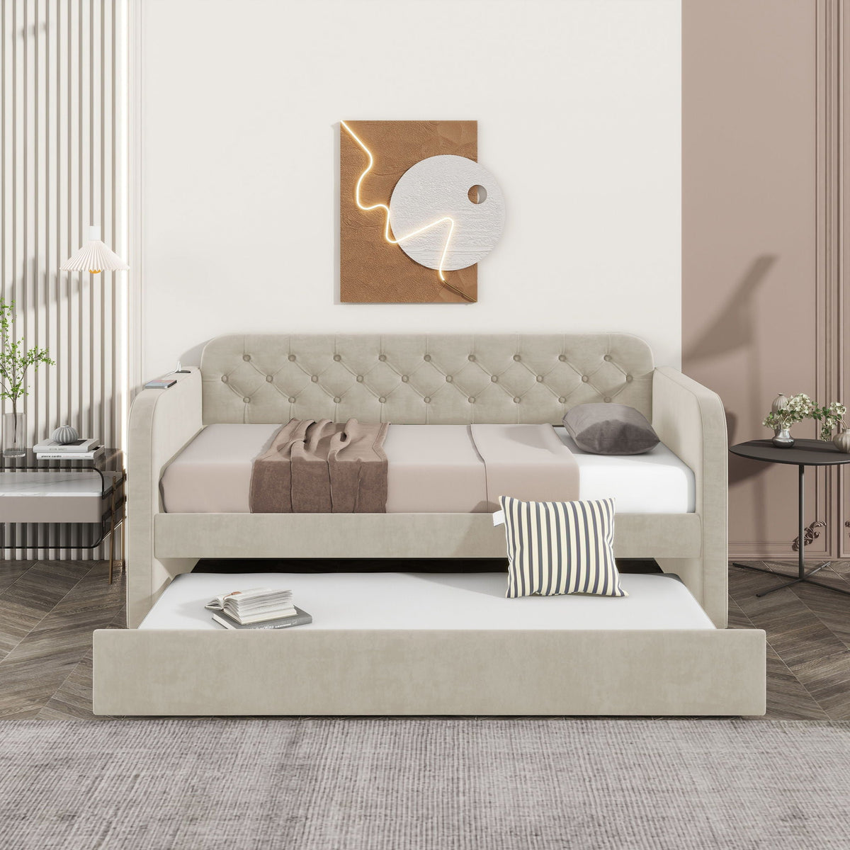 Upholstered Daybed With Trundle and USB Charging - Twin Size, photo 9 of 12